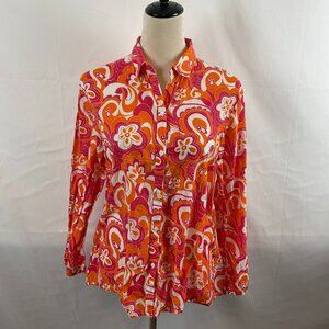 Playa Lucila Blouse M Orange Pink White Floral Button Front Long Sleeve
